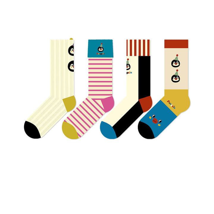 Beligogo Soft, Breathable Cartoon Penguin & Striped Crew Socks for Spring & Autumn