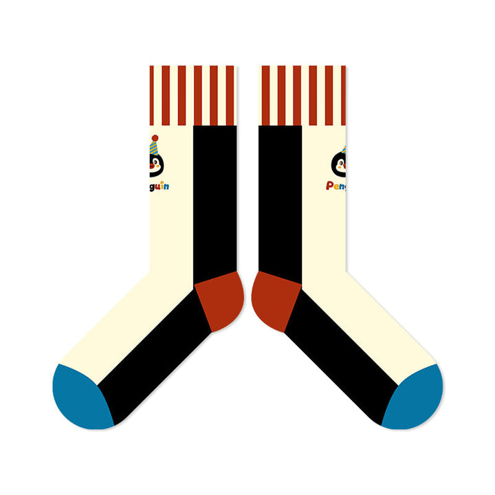 Beligogo Penguin & Striped Crew Socks: Soft, Breathable, Secure Fit for Spring & Autumn