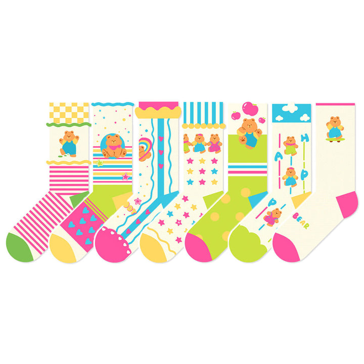 Irresistible 7 Designs of Adorable Cartoon Bear Patterned Mid-Calf Socks - Breathable, Non-Slip & Odor-Resistant Summer Staples for Her