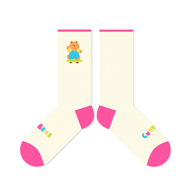 Treat Yourself to 7 Delightful Candy-Colored Cartoon Bear Printed Mid-Calf Socks - Lightweight, Non-Slip & Freshness-Locking Warm Weather Essentials