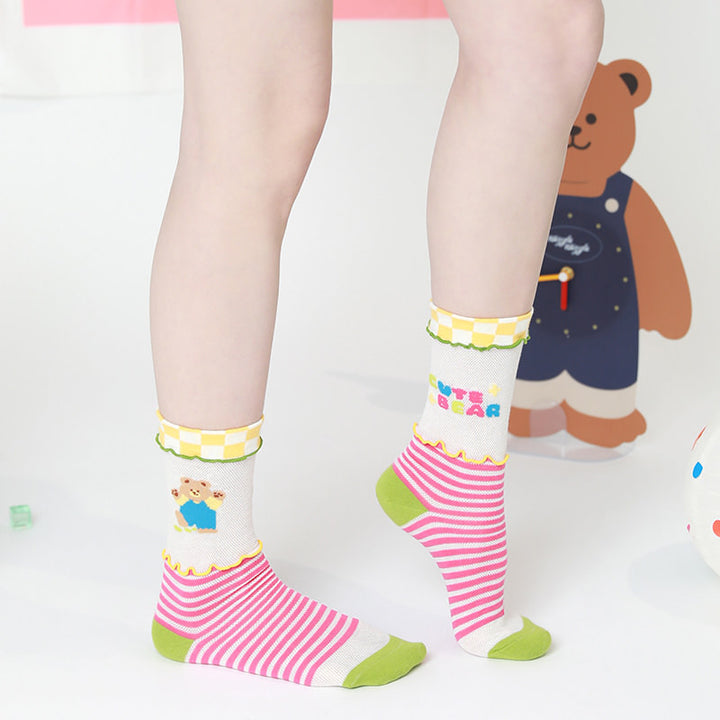 7 Enchanting Cartoon Bear Motif Mid-Calf Socks in Candy Hues - Breathable, Non-Slip & Odor-Resistant Summer Essentials for Women