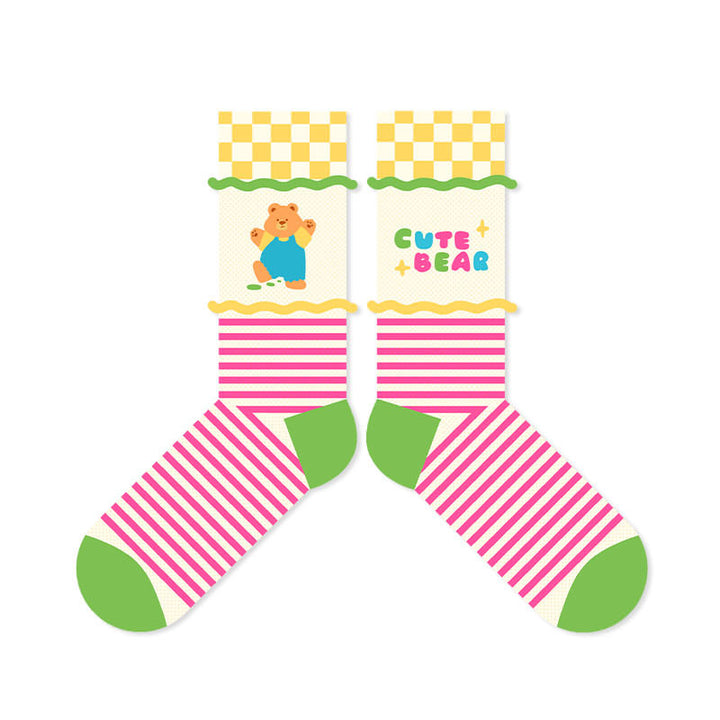 7 Alluring Cartoon Bear Printed Mid-Calf Socks in Candy Colors - Breathable, Grip-Tight & Odor-Free Warm Weather Favorites for Women