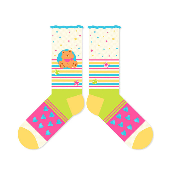 Indulge in 7 Playful Cartoon Bear Patterned Mid-Calf Socks - Lightweight, Non-Slip & Odor-Resistant Summer Staples for Stylish Women